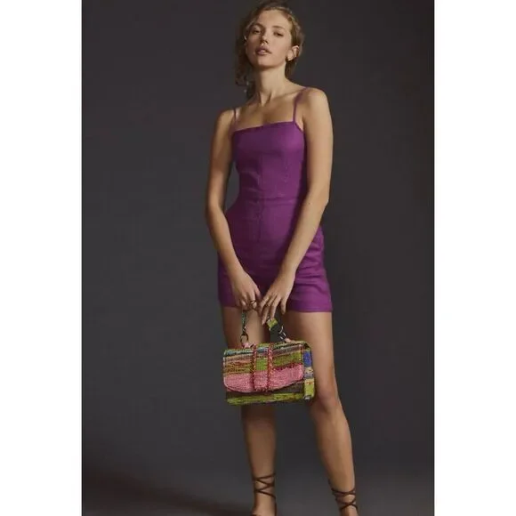 Anthropologie Maeve Tie Back Barbiecore Purple Linen Romper Size 8 NWT - Picture 2 of 11